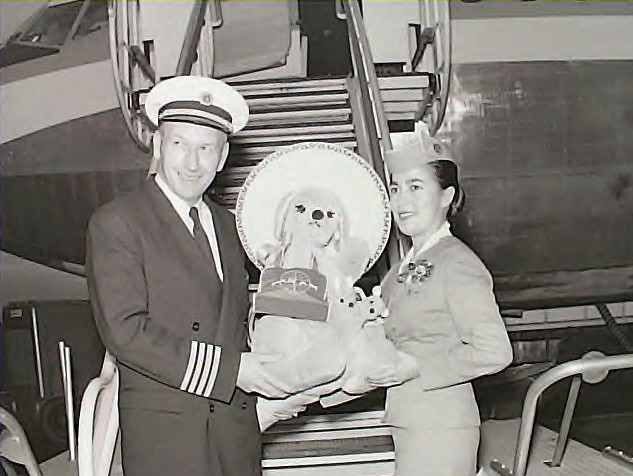 1950s Pan Am pilot & Stewardess pose with a stuffed bear prior to boarding a 707 Clipper.